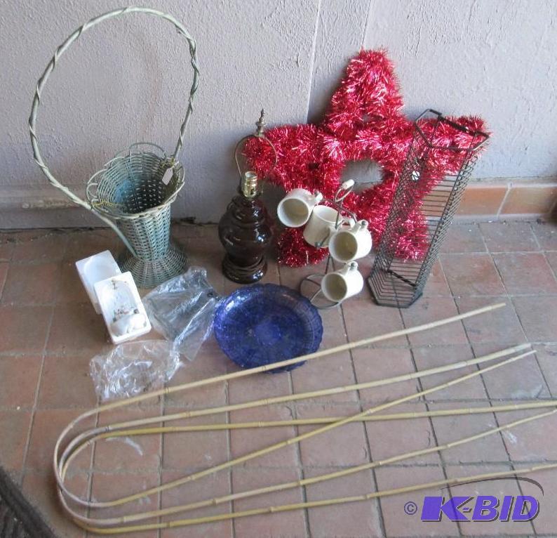 Lamp, basket, plastic blue plate and globe sc...