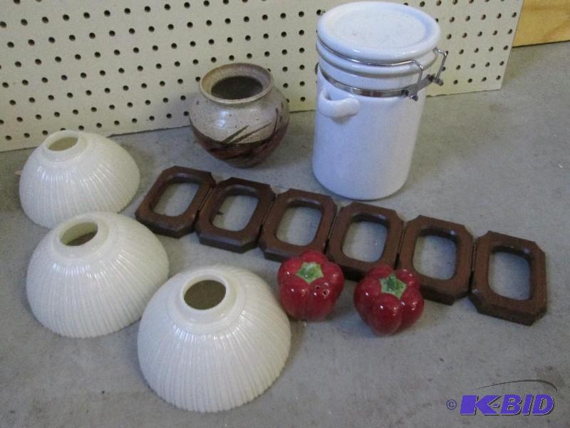 Sealed crock, 3 wintage glass light bases, po...