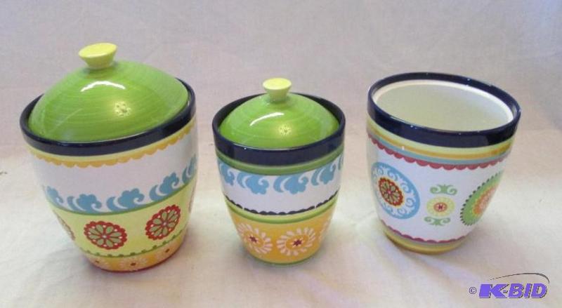 3 summer suzani canisters one lid missing...