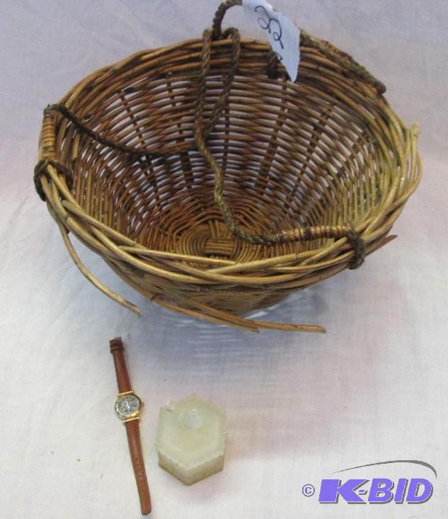 wicker basket with candle with bird on lid, s...