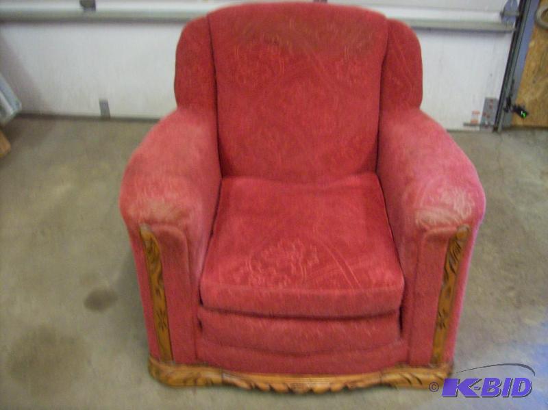 Antique red chair, sculpted fabric, wood acce...