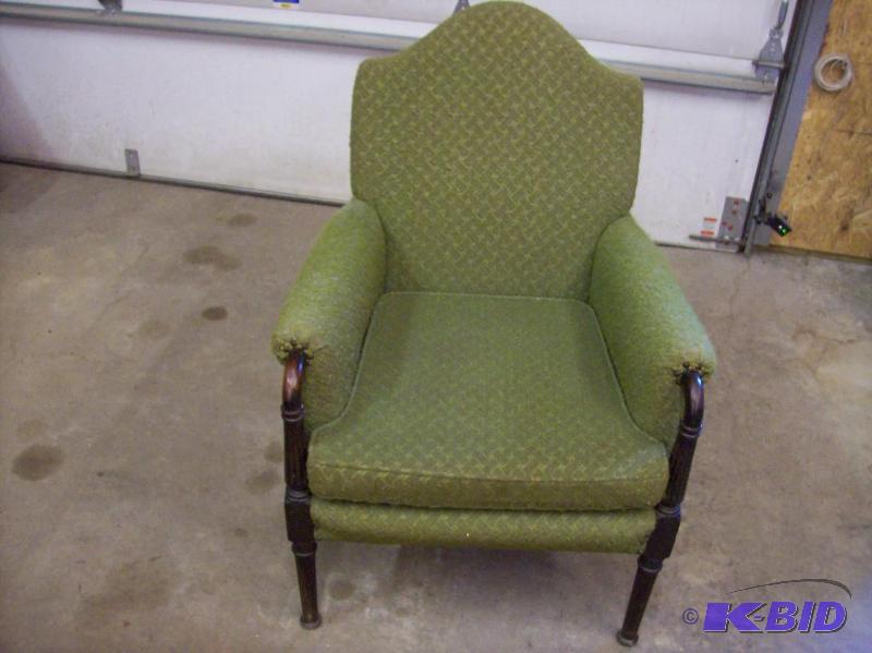 Vintage green wood and fabric design chair. N...