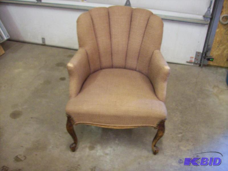 Vintage arm chair, wood and fabric with claw ...