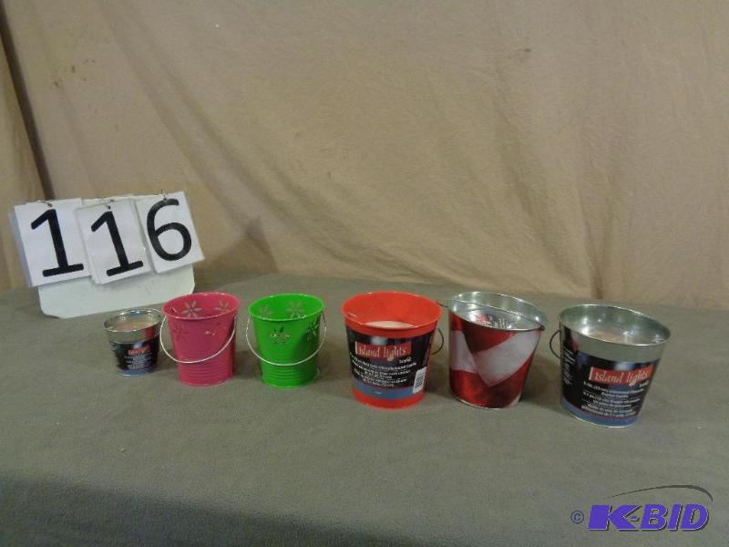 6 New Assorted Metal Pail Citronella Candles....