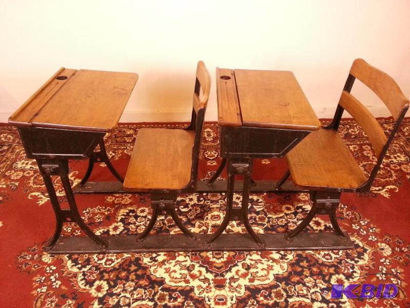 lot 1 image: Antique Iron & Wood School Desks  Both de...