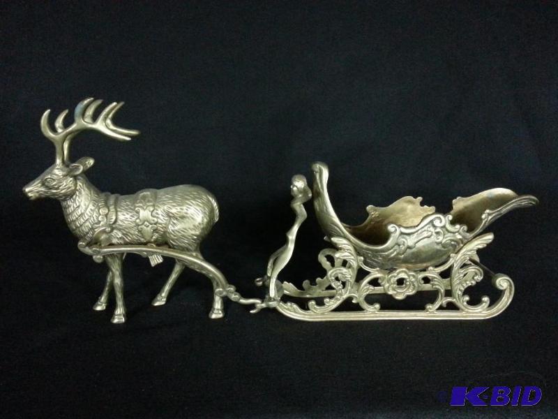 lot 88 image: RARE Solid Brass Reindeer Sleigh Themed Piece