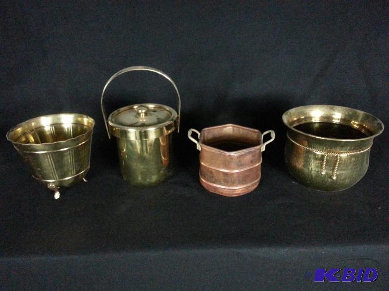 lot 89 image: (2) Brass Planters, (1) Copper Planter, and (1) Brass Ice Bucket