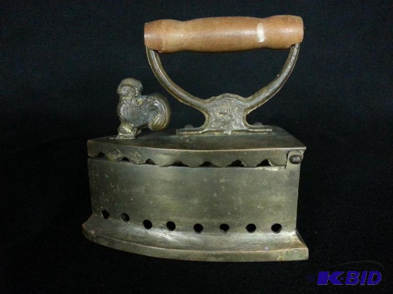 lot 92 image: Antique Cast Brass Coal Burning Iron w Rooster