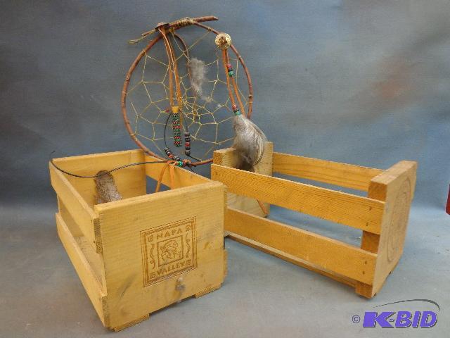 lot 131 image: (2) Wooden Wine Crates and a Dream Catcher   ...
