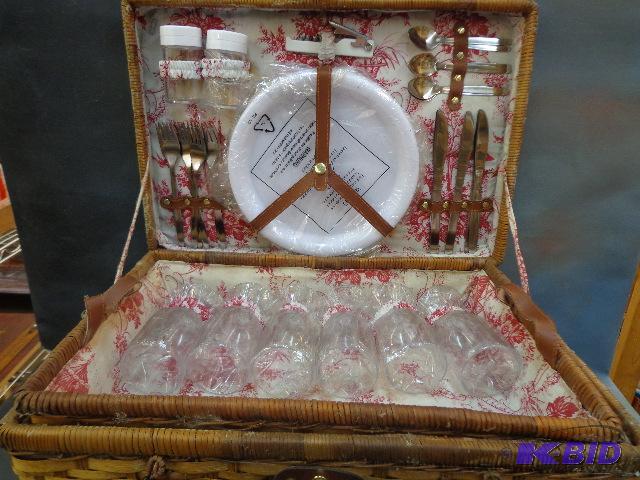 lot 18 image: Wicker Picnic Basket   6 glasses,forks,plates...