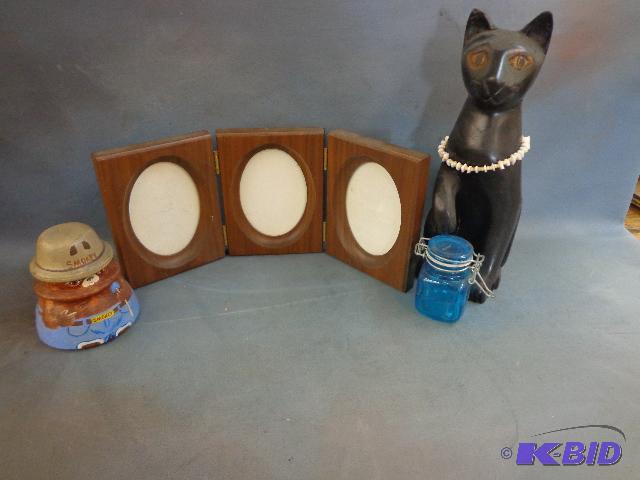 lot 43 image: Picture Frame, Wood Carved Black Cat, Blue Gl...