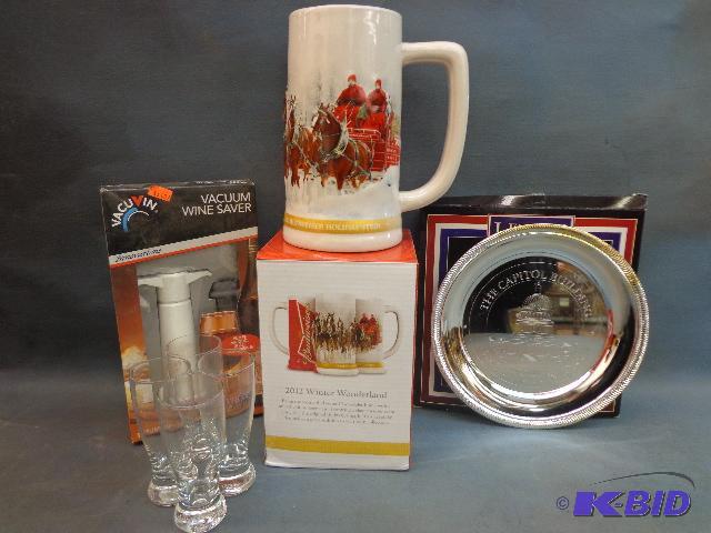 lot 92 image: Beer Stein,(4) Shot Glasses, Wine Vacuum and ...
