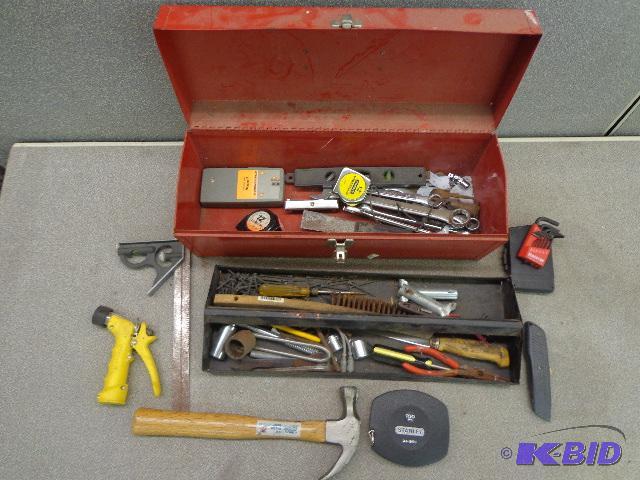 lot 99 image: Tool Box with Assorted Tools   Hammer  Tape m...