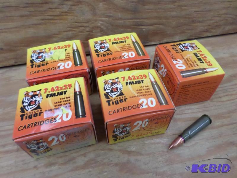 lot 78 image: (100) Rounds Golden Tiger 7.62x39 124gr FMJBT...