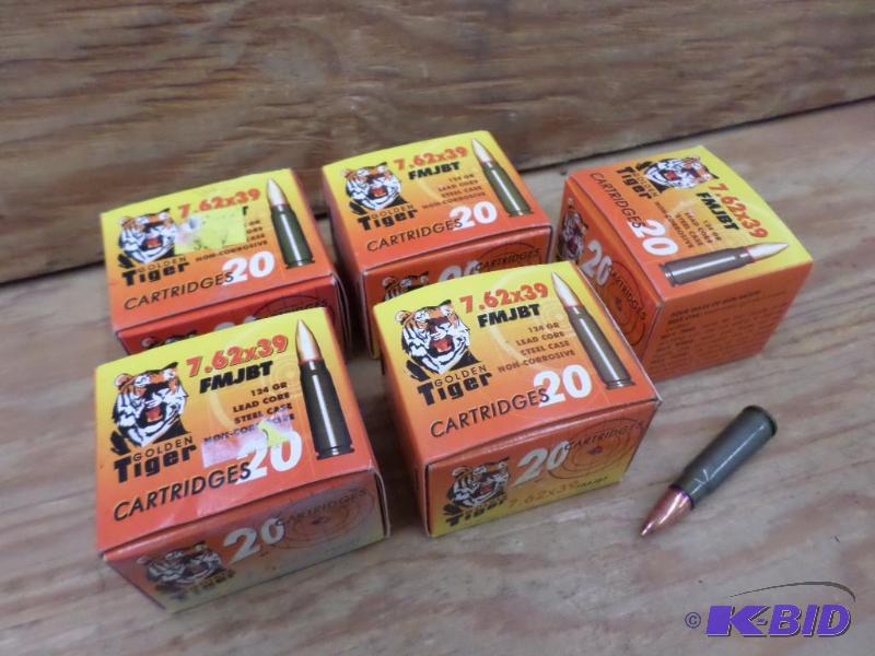 lot 79 image: (100) Rounds Golden Tiger 7.62x39 124gr FMJBT...