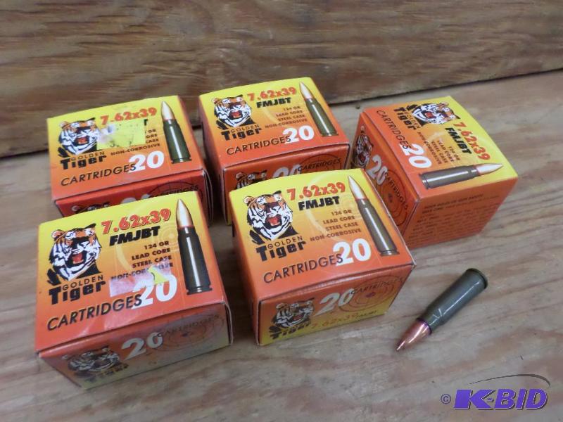 lot 82 image: (100) Rounds Golden Tiger 7.62x39 124gr FMJBT...