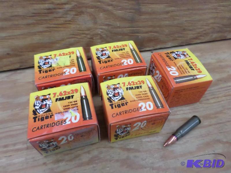 lot 92 image: (100) Rounds Golden Tiger 7.62x39 124gr FMJBT...