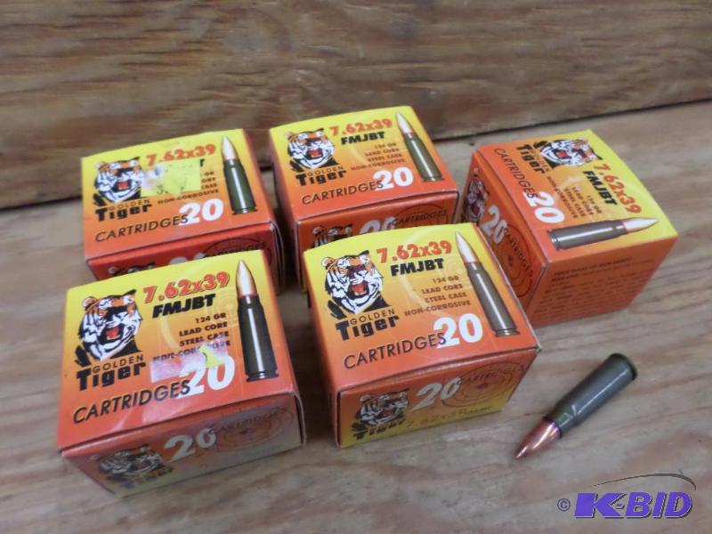 lot 93 image: (100) Rounds Golden Tiger 7.62x39 124gr FMJBT...