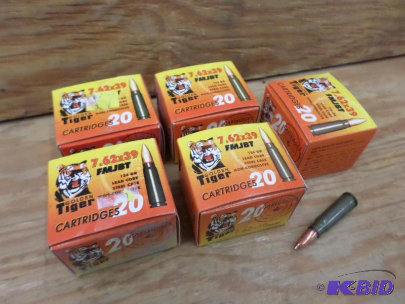 lot 94 image: (100) Rounds Golden Tiger 7.62x39 124gr FMJBT...