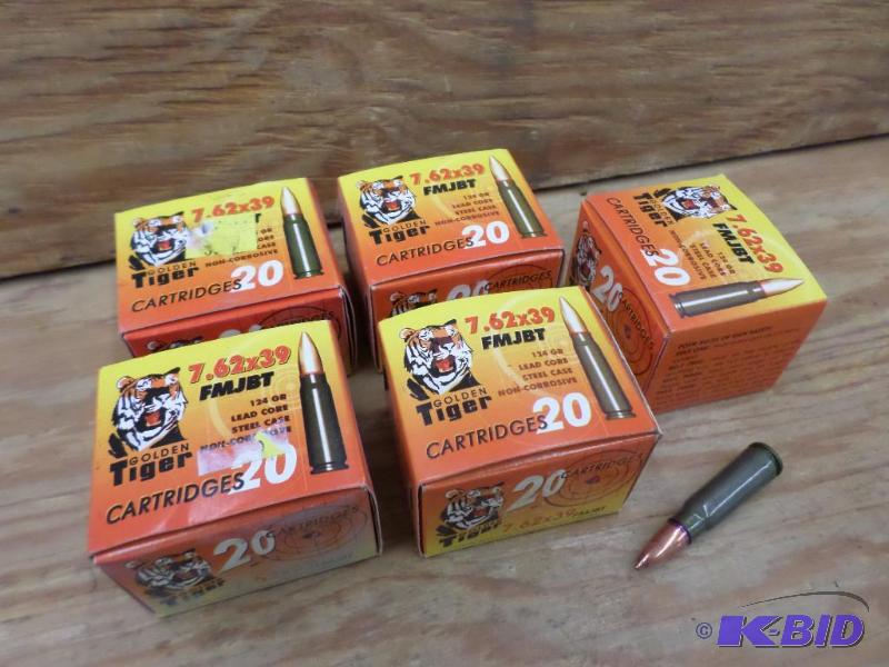 lot 95 image: (100) Rounds Golden Tiger 7.62x39 124gr FMJBT...