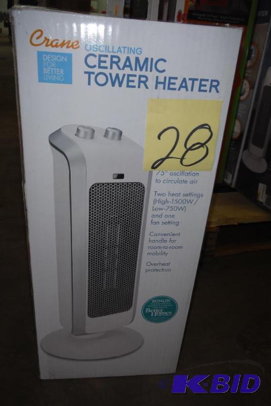lot 28 image: Crane USA EE-7588W Crane Ceramic Tower Heater, White, 19 Inch