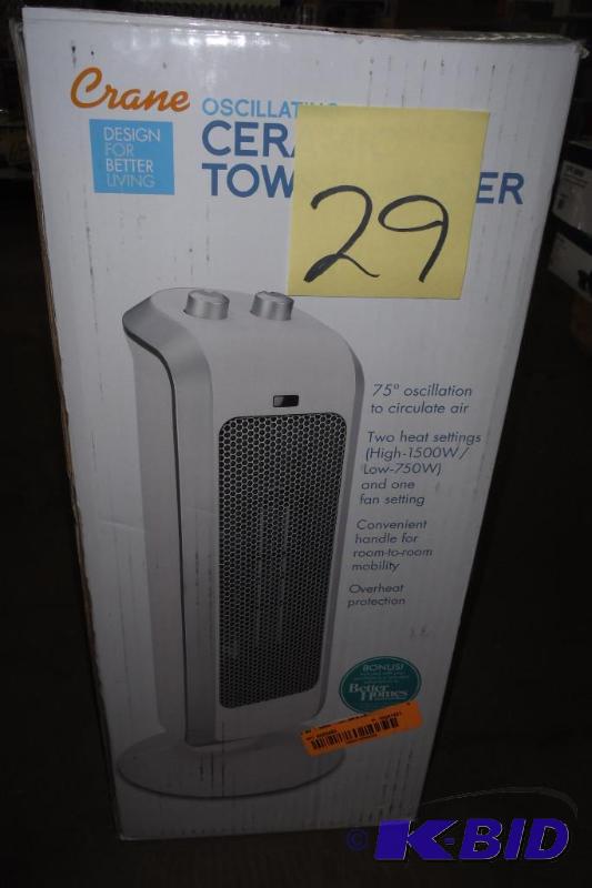 lot 29 image: Crane USA EE-7588W Crane Ceramic Tower Heater, White, 19 Inch