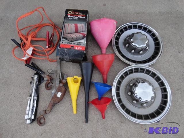lot 128 image: Auto supplies jumper cables, funnels, come-a...