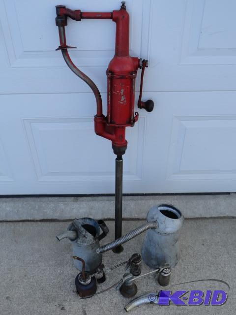 lot 34 image: Barrel pump, oilers and funnel cans...