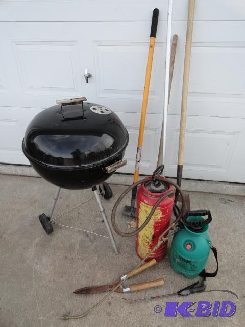 lot 69 image: Weber grill, hand tools, shears, pump sprayer...