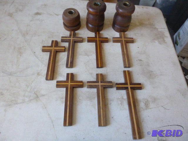 Seven Wood Crosses and Three Wood Candle Hold...