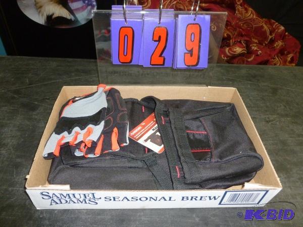 lot 29 image: Flat of gloves and tool pouches. As shown. Ne...