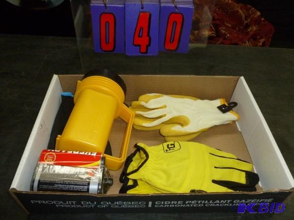 lot 40 image: Flat of gloves and flashlight. As shown. Term...