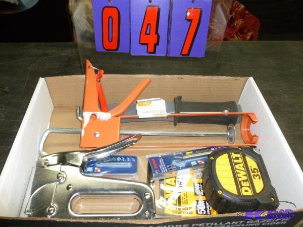 lot 47 image: Flat of tools. As shown. 35 tape, staplers a...