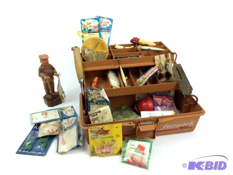 lot 15 image: Vintage Fishing Box of Tackle & a Carved Wooden Figure