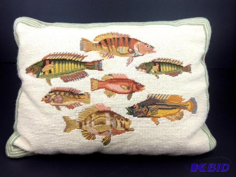 lot 18 image: Needlepoint Fish Accent Pillow