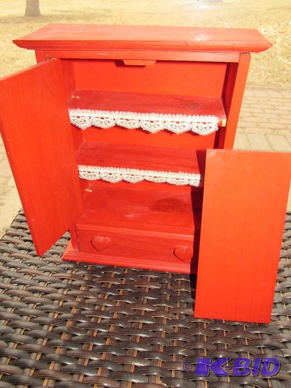 lot 186 image: Nice Little Red Cupboard One Door Off but could be reattached or the other removed