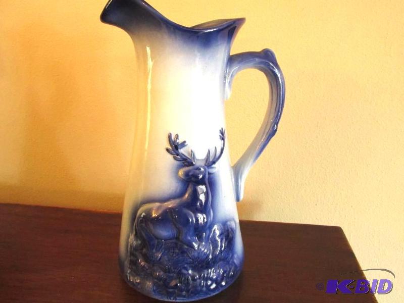 lot 2 image: Flow-Blue Tall Buck Pitcher