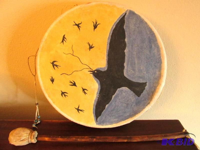 lot 23 image: Vintage Native American Painted Drum and Drum Stick