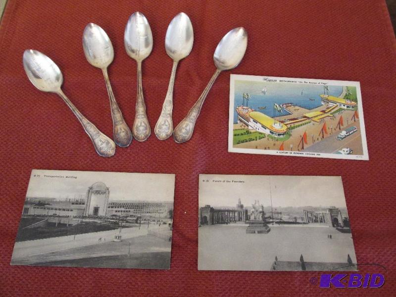 lot 27 image: 5 Silver Spoons (Wm A Rogers) and 3 Post Cards