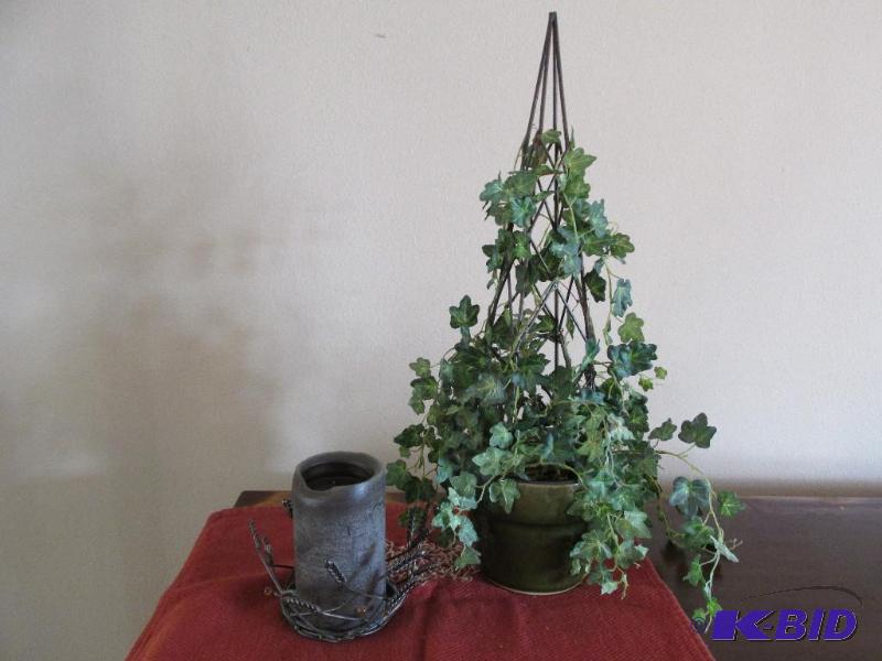 lot 54 image: Tall Faux Ivy Tower and Candle