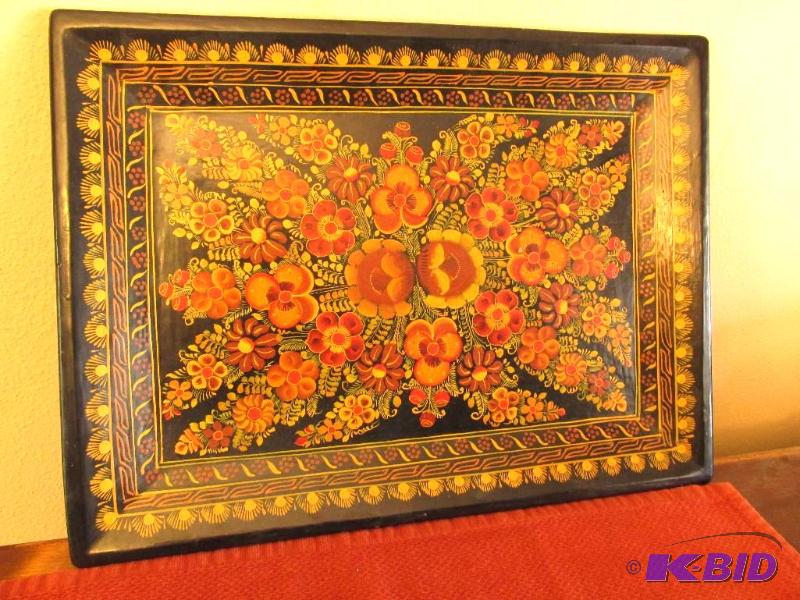 lot 69 image: Antique, Vintage - Collectible Wooden Tray Covered with Papier Mache & Painted