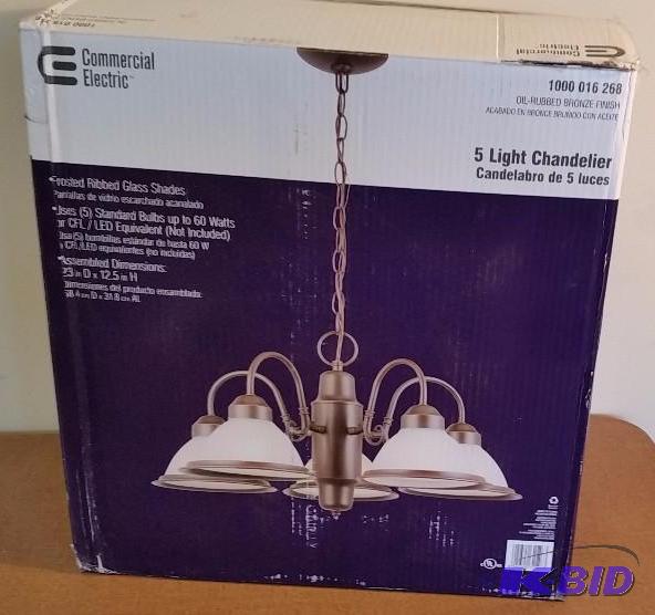Commercial Electric Halophane 5 light Oil Rubbed Bronze Chandelier.  Missing one Glass shade.