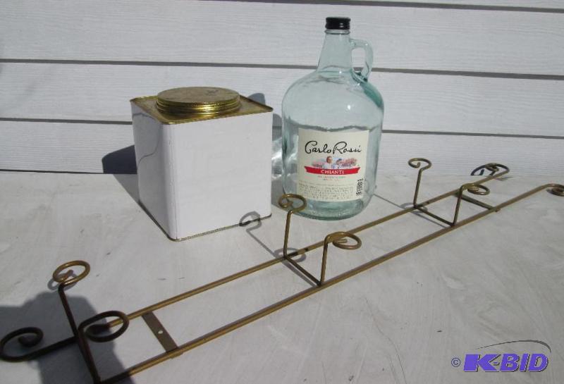 lot 145 image: Wall hanger, glass wine jug and square tin wi...