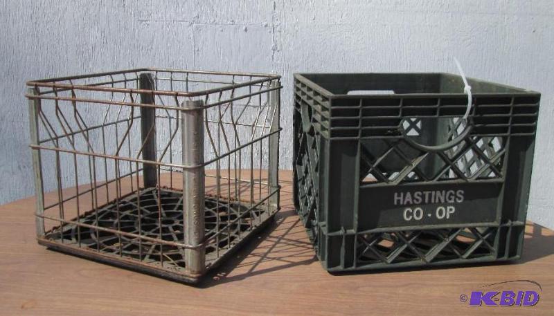 lot 70 image: Vintage metal and plastic milk crates...