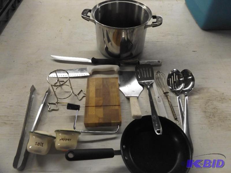 Frying pan, pot, cooking utensils, and cheese...
