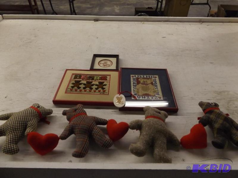 Teddy Bear lot, three framed pictures, stuffe...