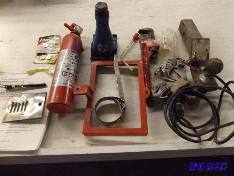 Fire Extinguisher, hitch and ball, misc cords...