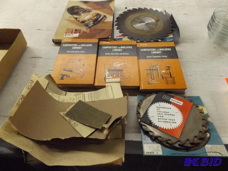 sawblades, sandpaper, 3 woodworking books, Au...