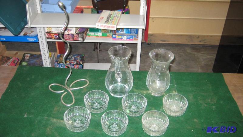 Glassware, water pitcher, vase and 6 dessert ...