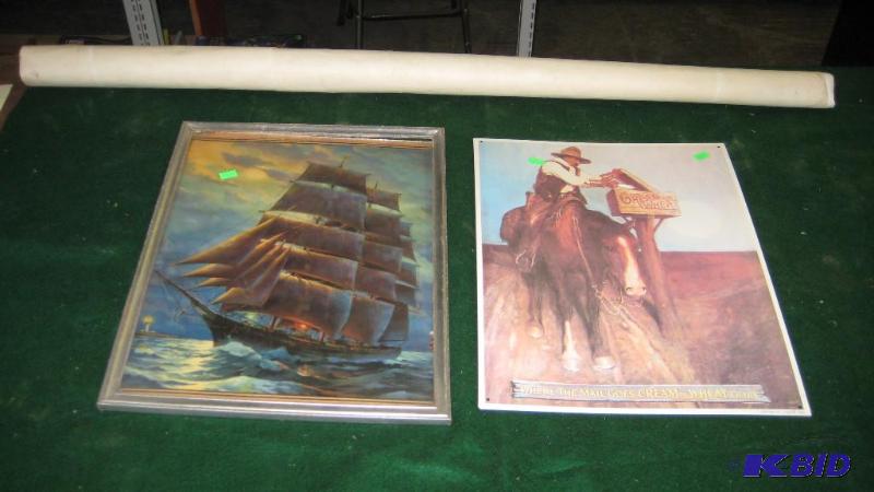 two pictures, framed ship picture, unframed c...